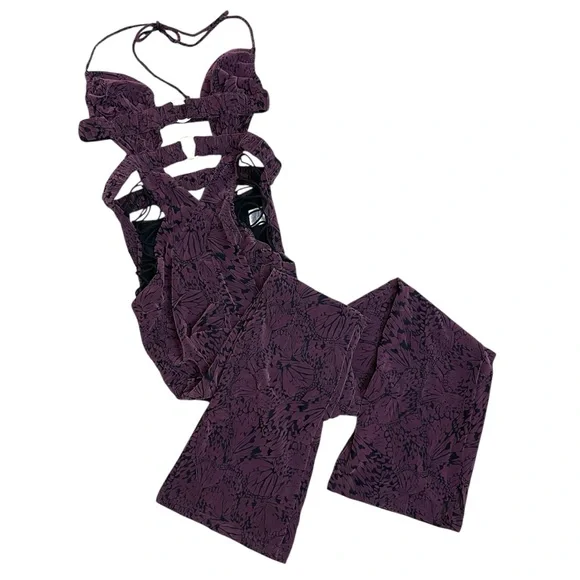 Outcast Clothing Jett Purple Butterfly Burnout Velour Sexy Jumpsuit - Picture 2 of 13